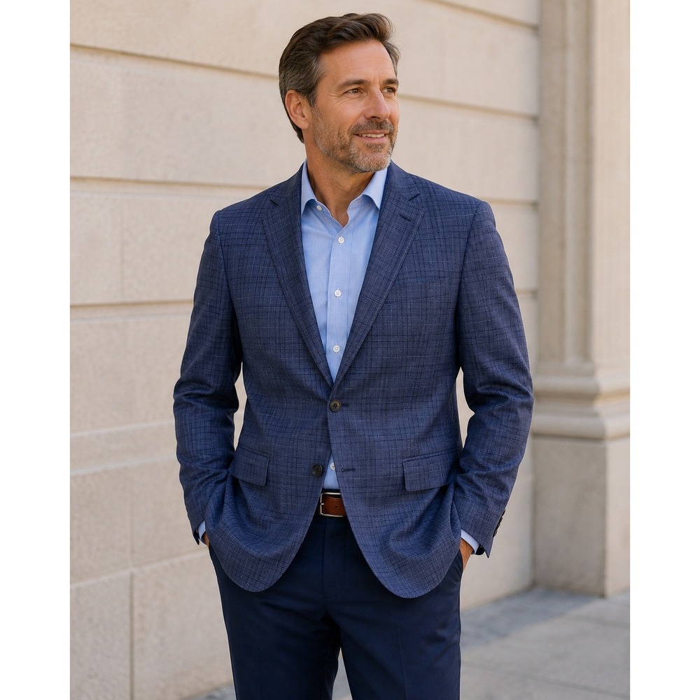 Awearness Kenneth Cole Sport Coat Mens 42R Blue Plaid Slim Fit Wool Blend Blazer